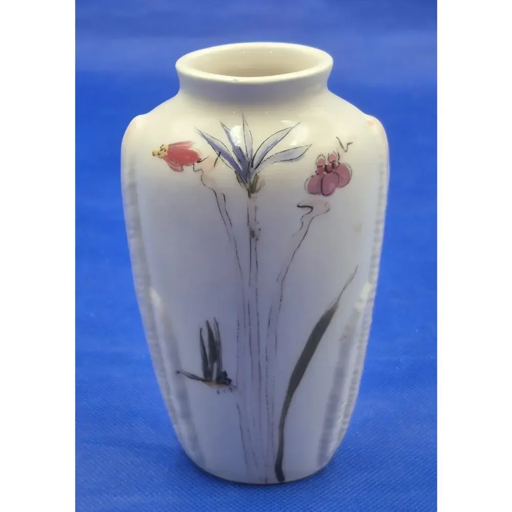 Vintage Barbara Baatz Signed Ceramic Vase Handpainted Florals on White 6